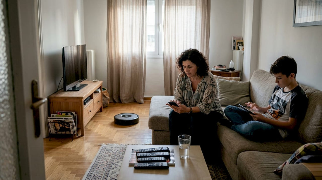 Family using smart home devices in living room