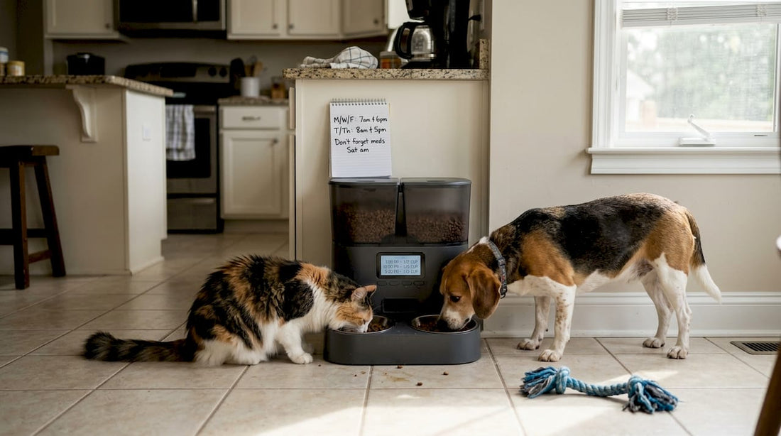 Cat and dog using automated pet feeder in kitchen