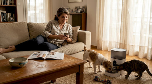 Greek woman using smart pet products at home