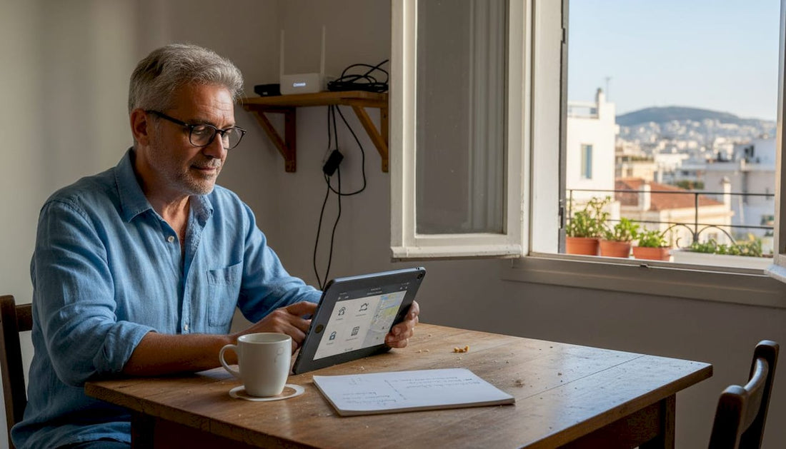 Greek homeowner checking smart home devices list