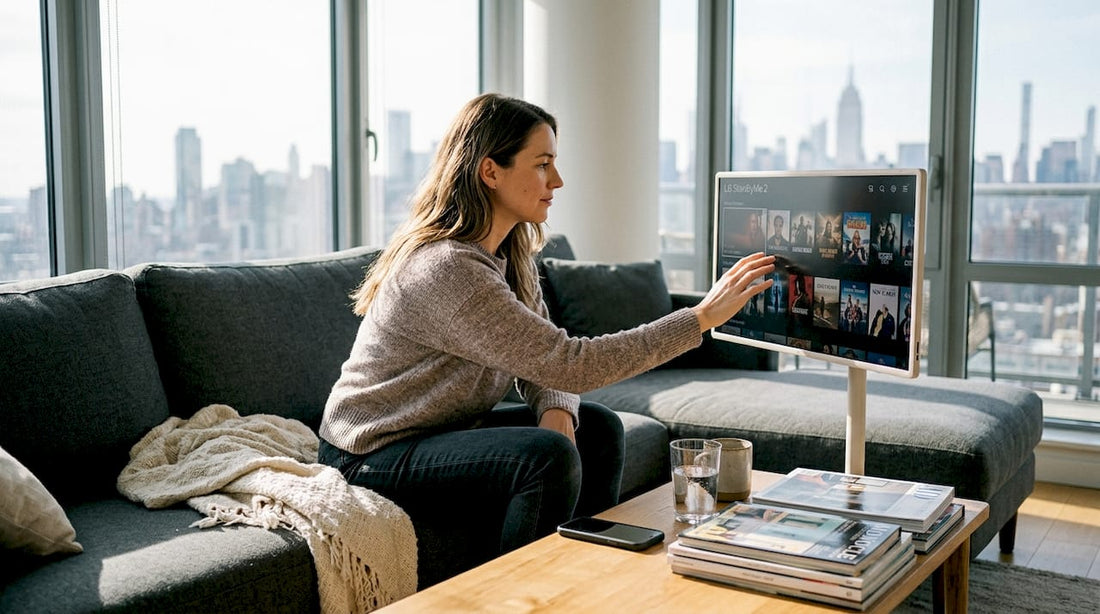 Woman using portable TV in living room
