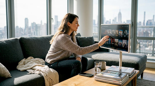 Woman using portable TV in living room