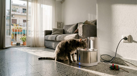 Cat using smart pet water dispenser in Greek home