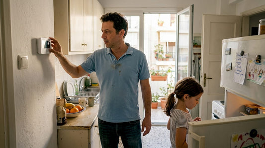 Man checks smart thermostat in home kitchen