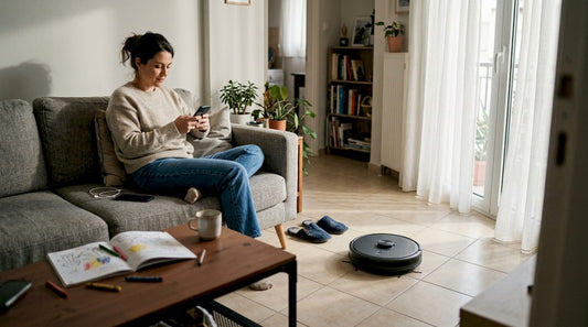 Woman using robot vacuum in Greek home