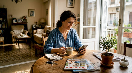 Greek woman monitors pet camera app at home