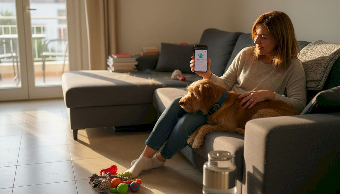 Owner checking pet health app on sofa
