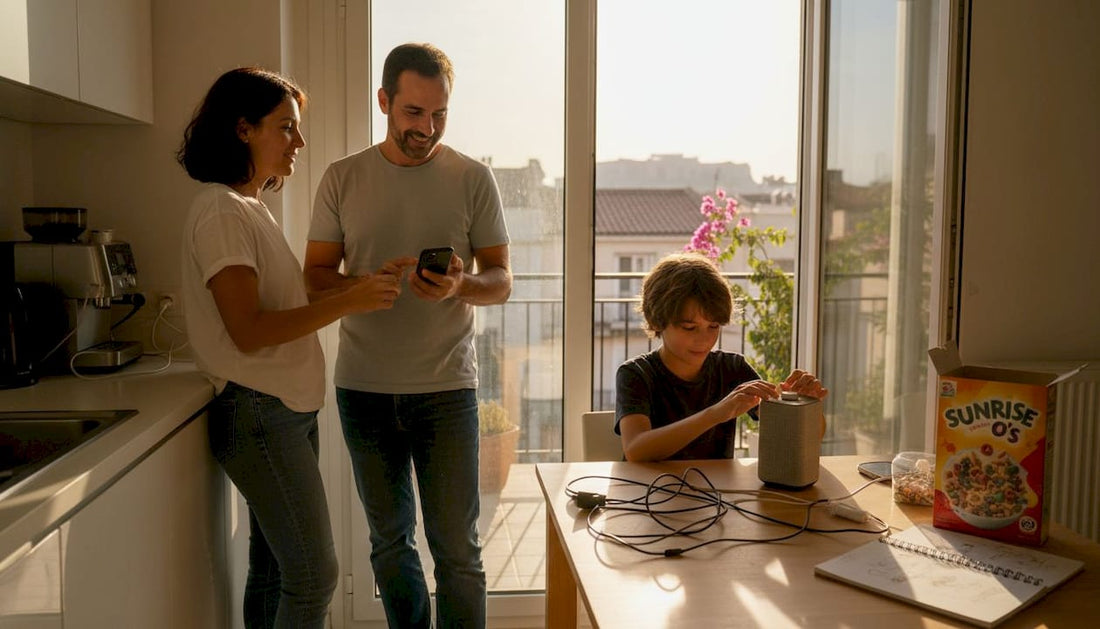 Family organizing kitchen with smart devices