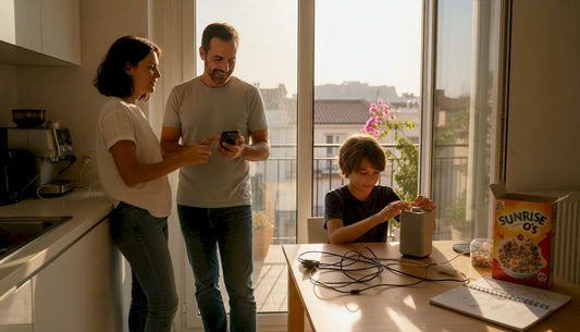 Family organizing kitchen with smart devices
