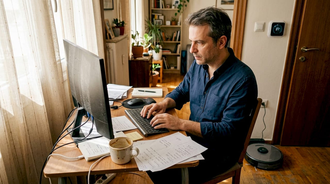 Man using smart gadgets in home office
