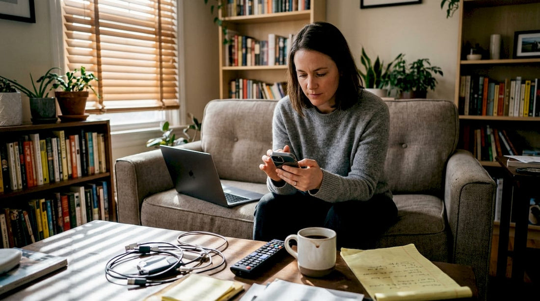 Woman adjusting smart home gadget settings