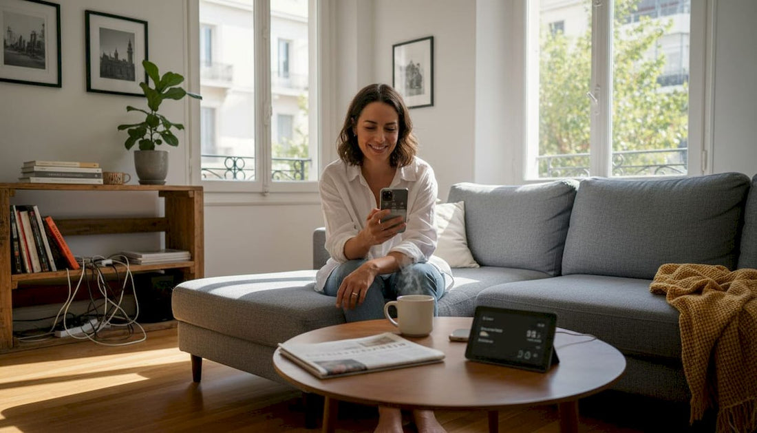 Woman using smart home tech in Greek living room