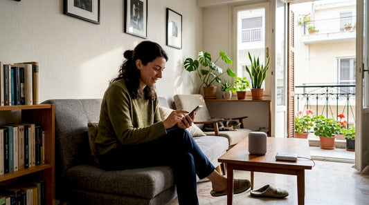 Woman using smart home app in Greek apartment