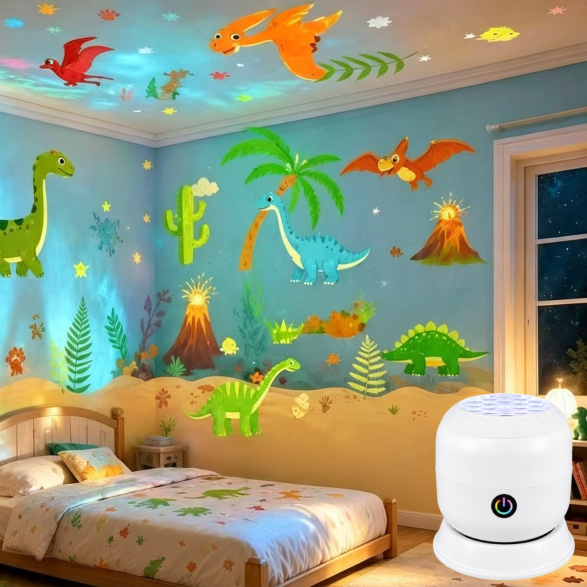 LED projection lamp with dinosaur designs on a kids' room wall