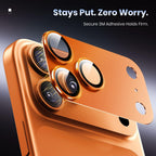 Orange glass camera lens protector for iPhone 17 Pro with adhesive base