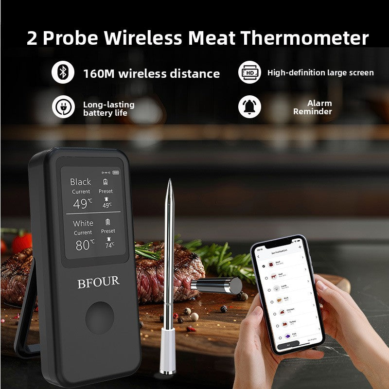 Meat thermometer with 2 wireless probes, large display and temperature alarm