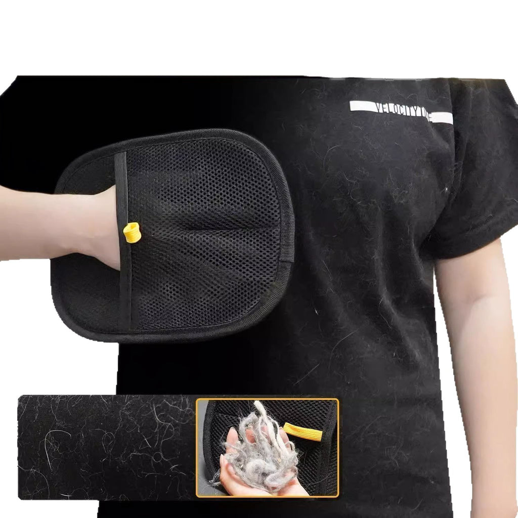 Hair removal glove on a black t-shirt with collected fur in the inset