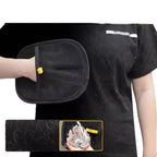 Hair removal glove on a black t-shirt with collected fur in the inset