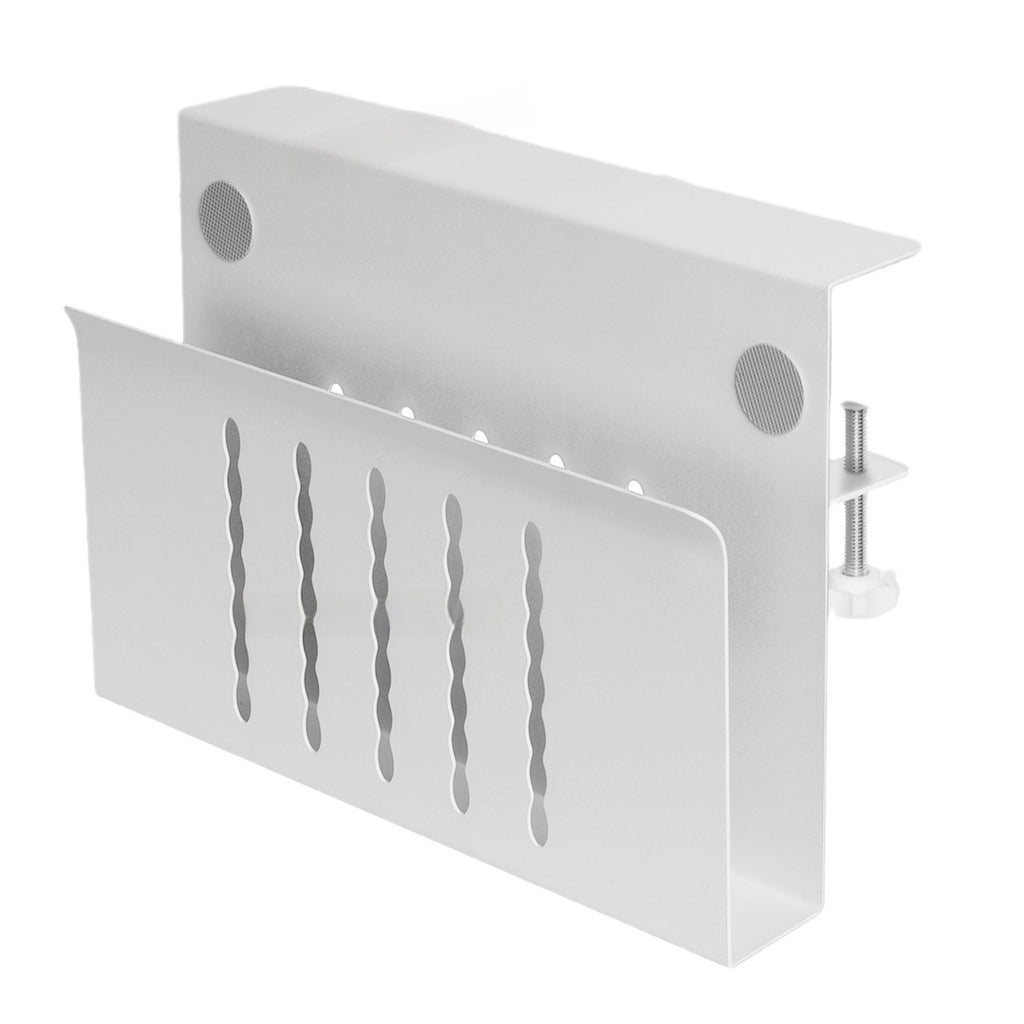 White clamp-on desk side holder with ventilation slots