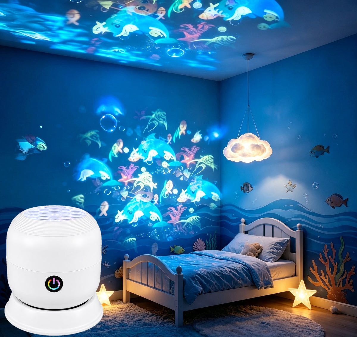 LED projection lamp with ocean design, bedroom view