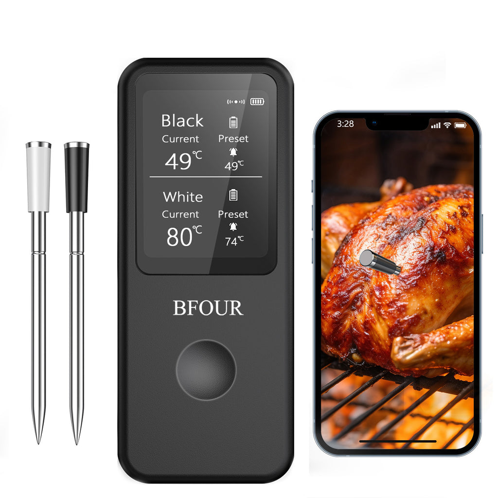BF-60 wireless meat thermometer: display base, black and white probes and phone app