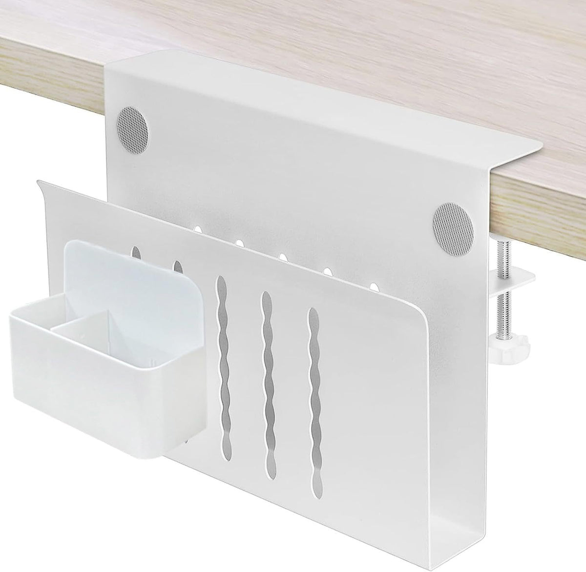 White desk holder with clamp and a white box for small items