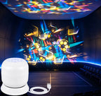 Colourful projected designs on the wall and ceiling