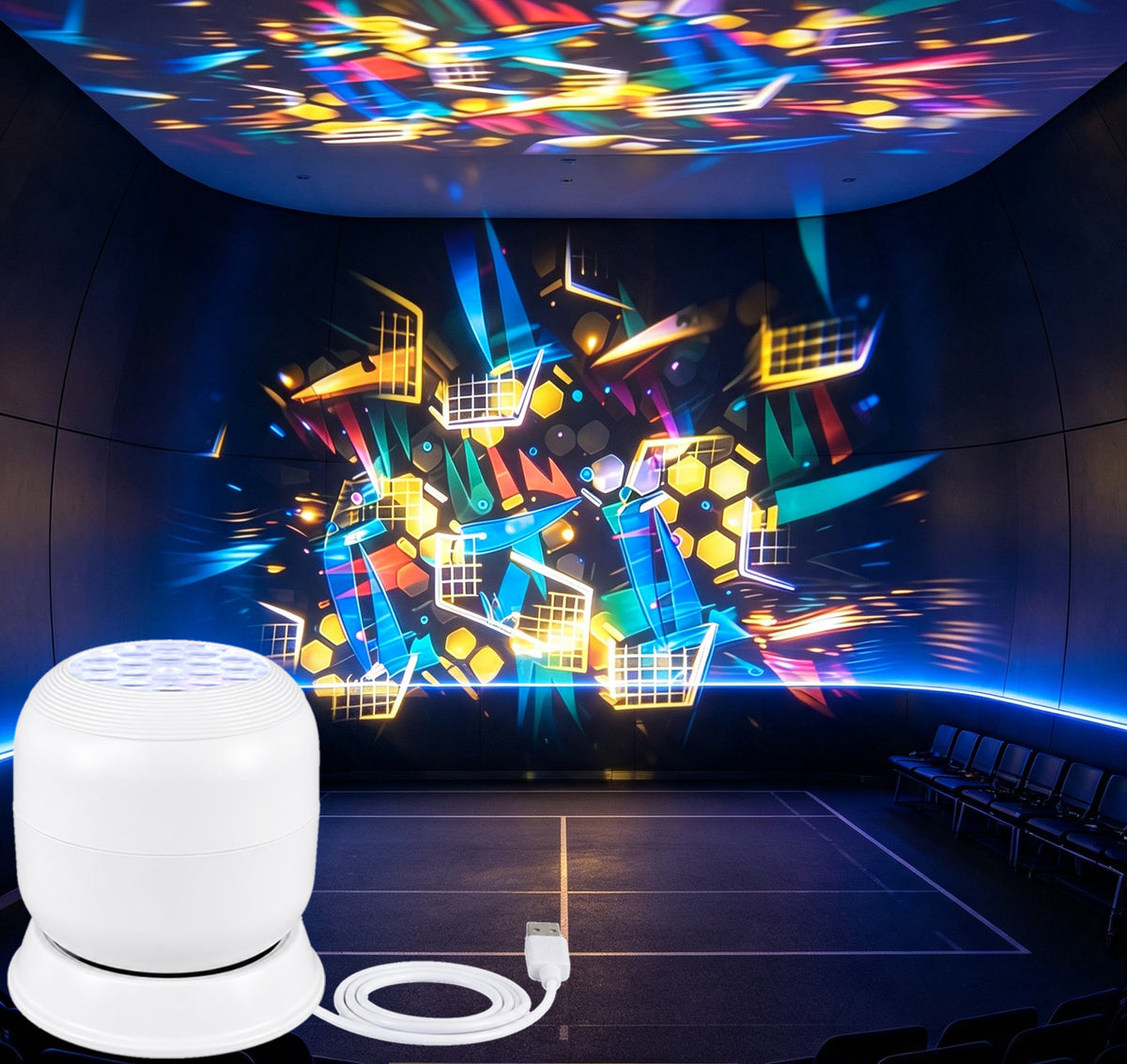 Colourful projected designs on the wall and ceiling