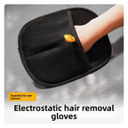 Electrostatic pet hair removal glove on a grey background