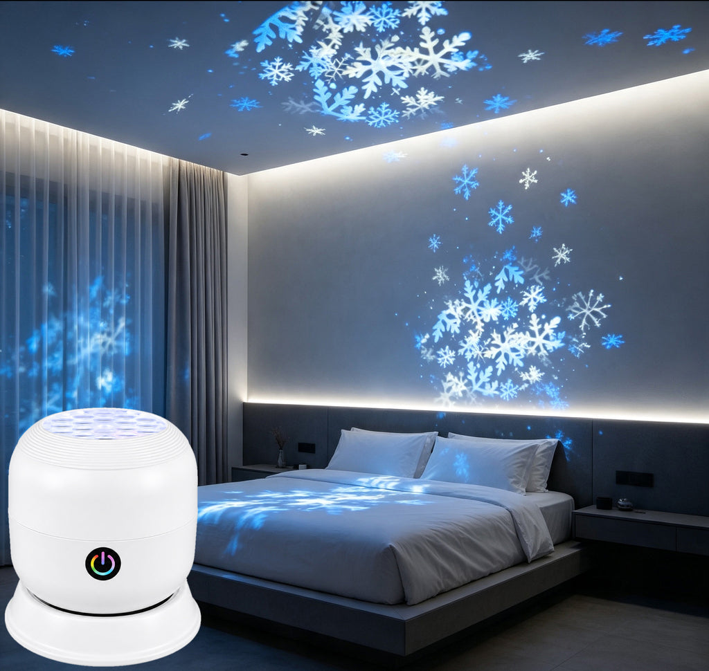 Projection lamp with snowflakes in a modern bedroom