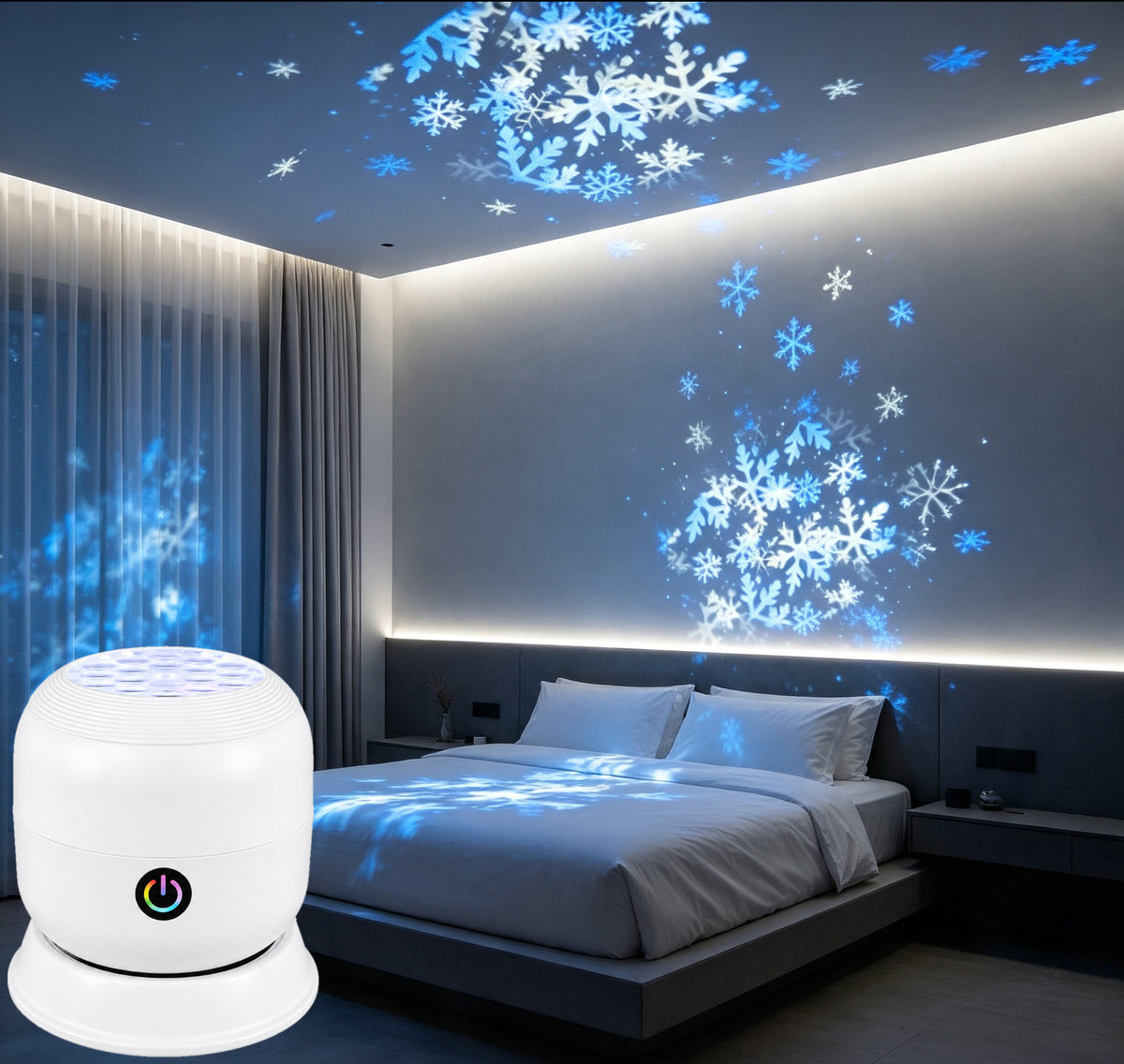 Projection lamp with snowflakes in a modern bedroom