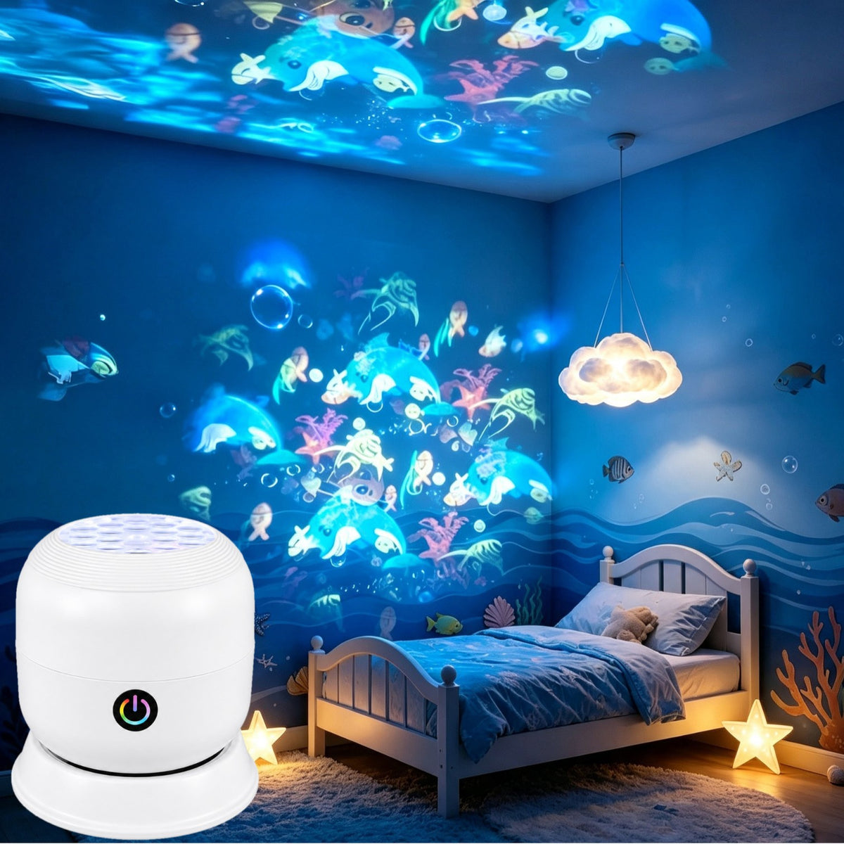 LED projection lamp with ocean designs in a bedroom