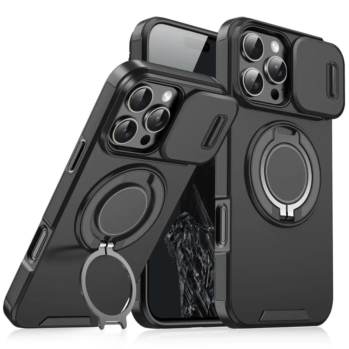 Ανθεκτική θήκη iPhone με μαγνητικό δαχτυλίδι και συρόμενο κάλυμμα κάμερας σε μαύρο Κύρια εικόνα προϊόντος