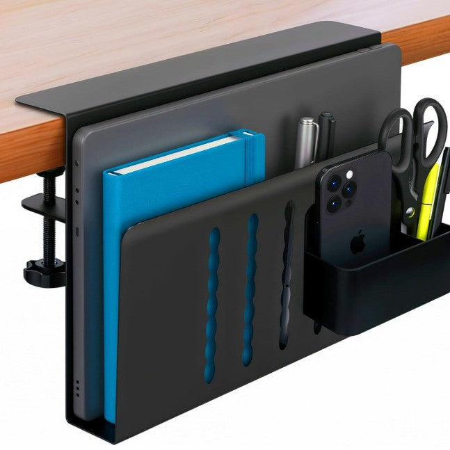 Black clamp-on desk side holder with a book, phone and pen cup