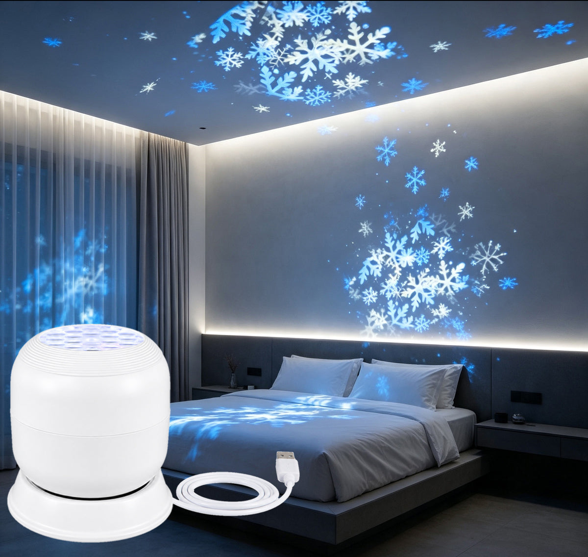 Projection lamp with snowflakes on a bedroom ceiling