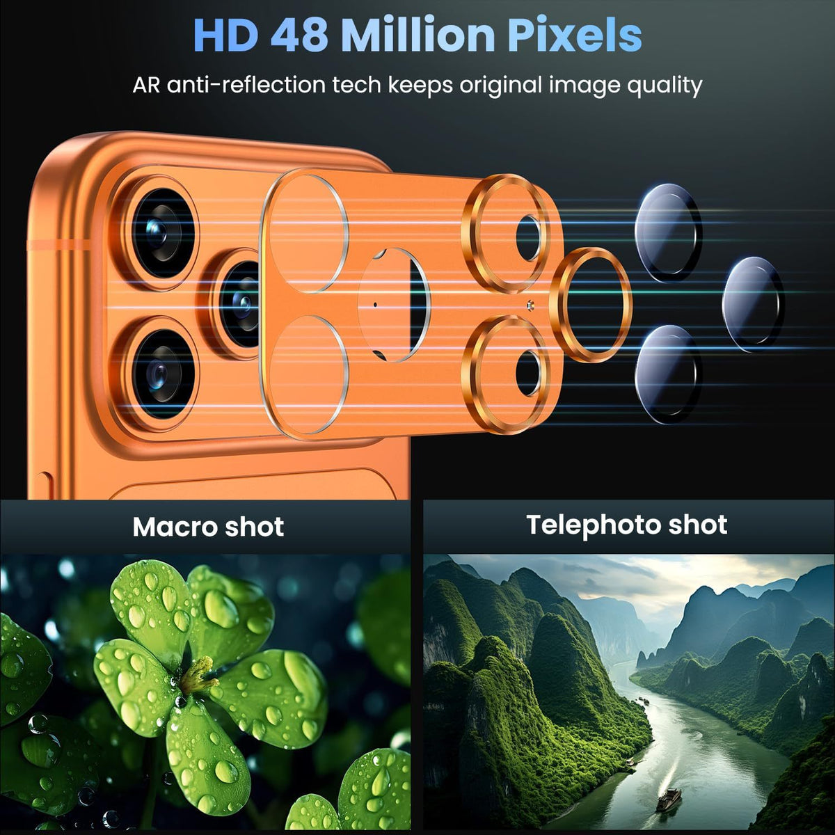 Lens protector with anti-reflective coating, macro and telephoto shots