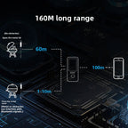 Range: 60 m probe-to-base with the lid open, 1–10 m with a closed lid, 100 m base-to-phone