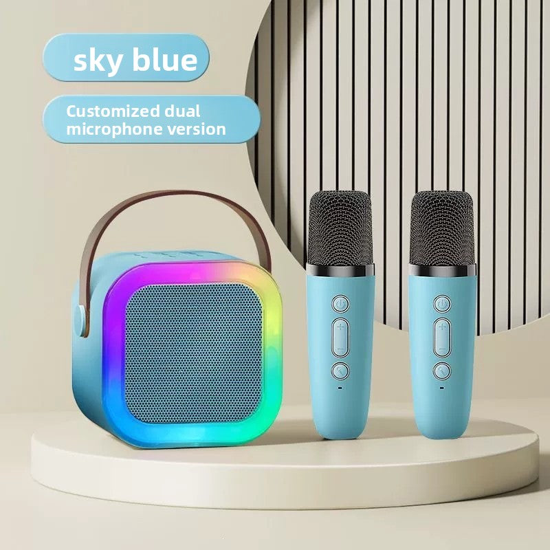 Γαλάζιο παιδικό ηχείο karaoke με φωτισμό RGB και 2 ασύρματα μικρόφωνα