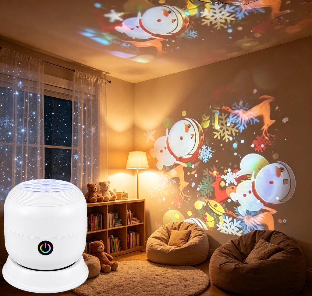 Projection lamp with a snowman and stars on the ceiling