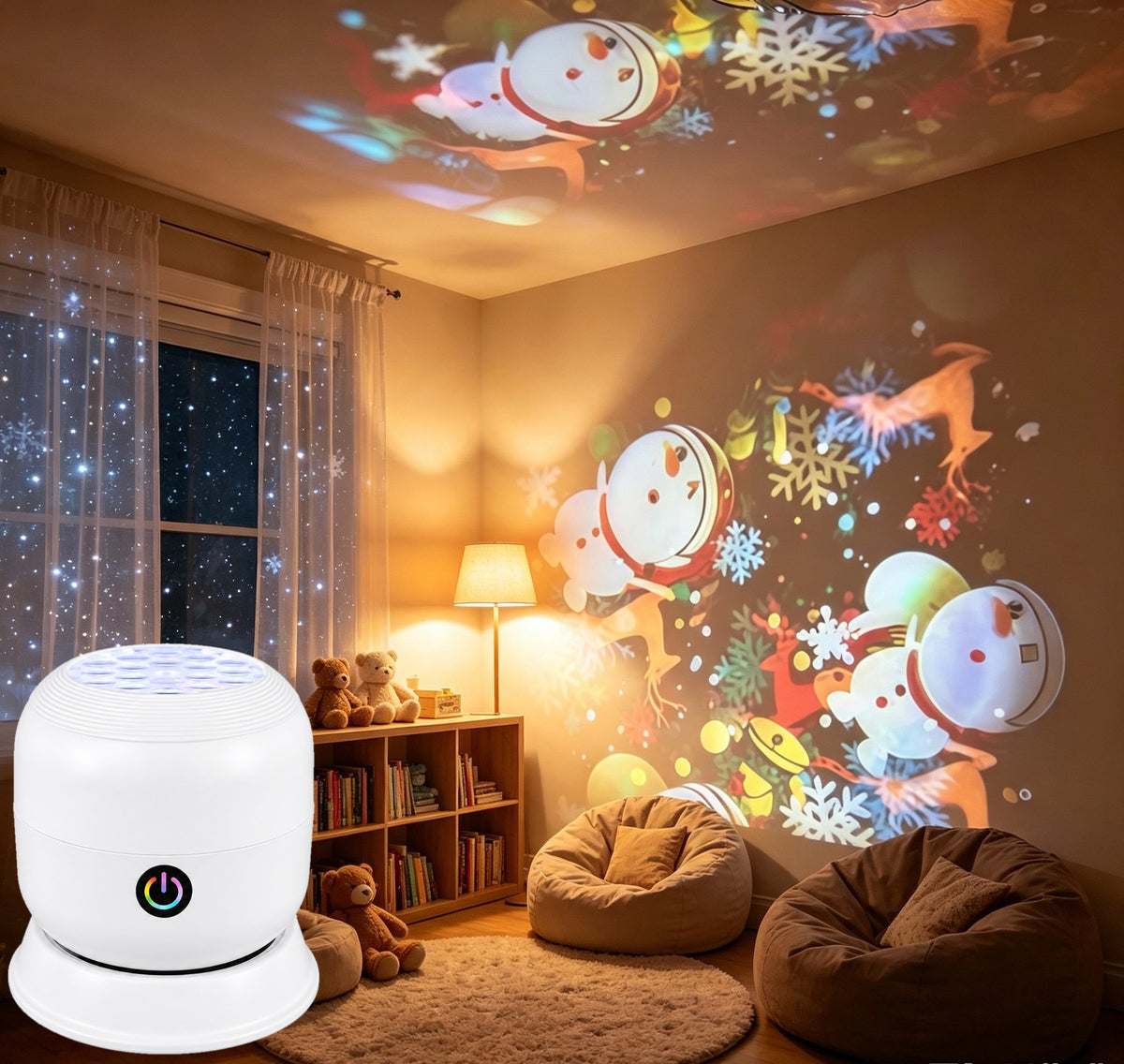 Projection lamp with a snowman and stars on the ceiling