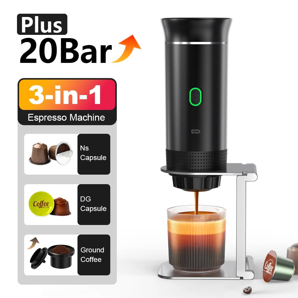 Φορητή καφετιέρα espresso 3 σε 1 με 20 Bar δίπλα σε κάψουλες και αλεσμένο καφέ