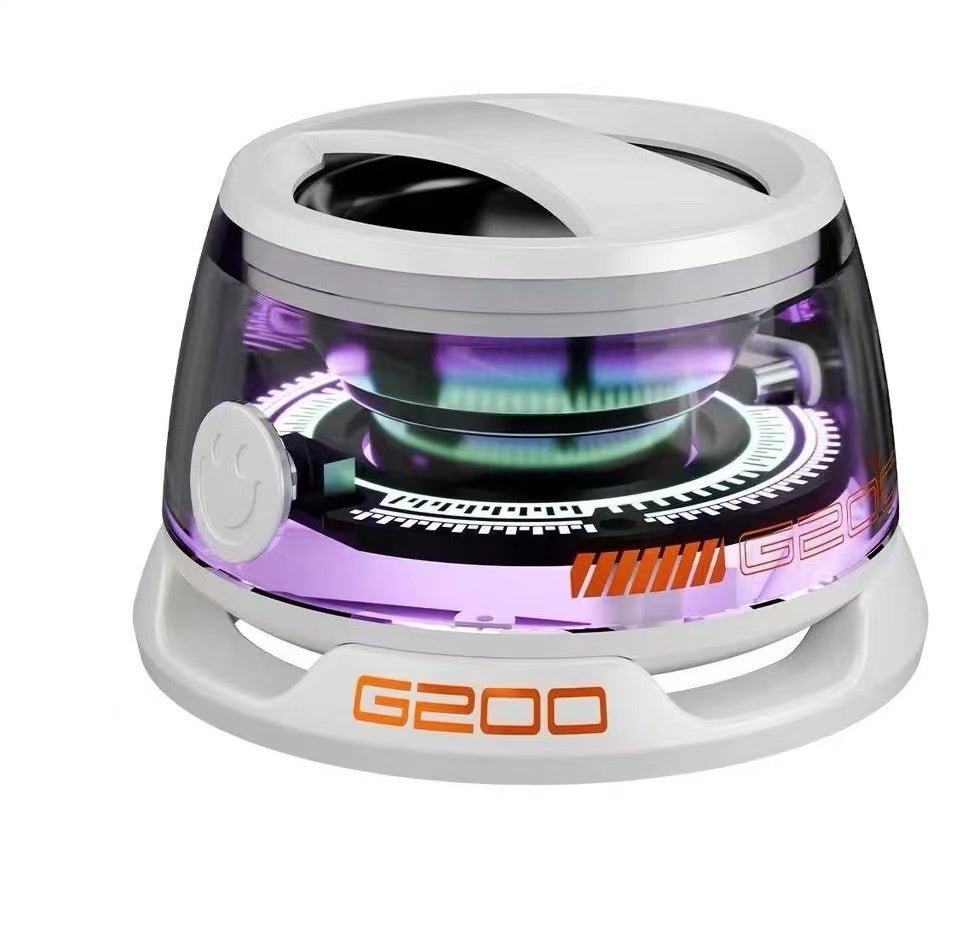 Λευκό ηχείο Bluetooth G200 με πορτοκαλί λογότυπο, πλάγια όψη