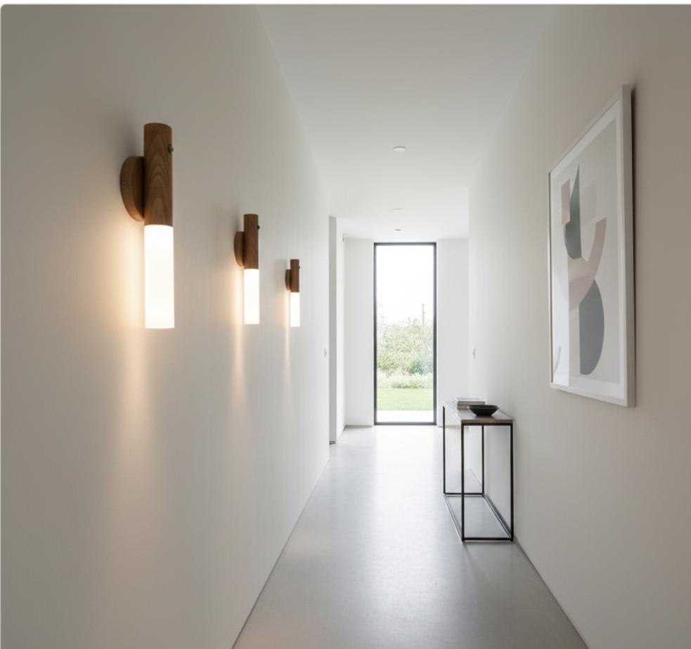 A sequence of three modern, cylindrical wooden wall sconces with integrated motion sensors, mounted in a bright minimalist hallway and casting a warm, soft glow.