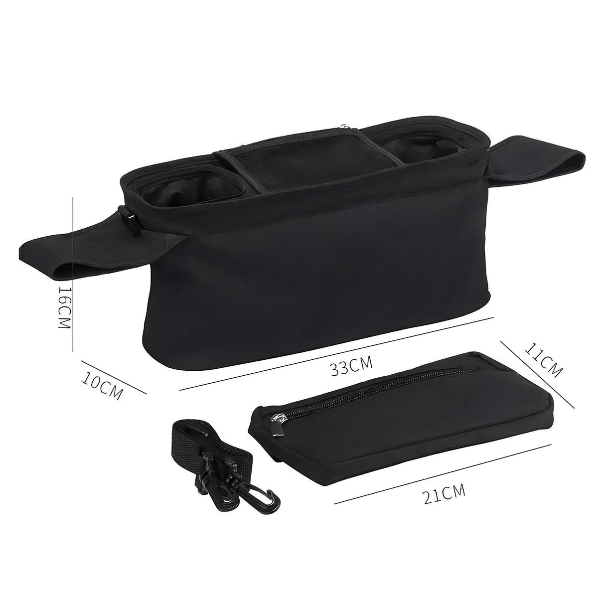 Διαστάσεις οργανωτή καροτσιού 33 × 16 × 10 cm και αποσπώμενης θήκης 21 × 11 cm