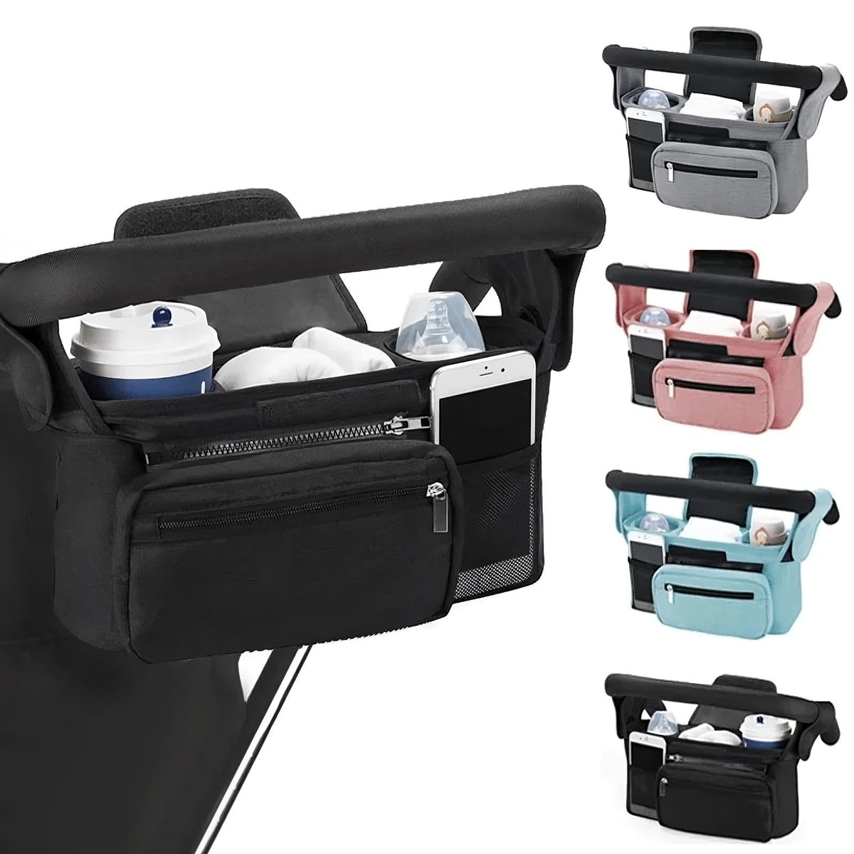 Black stroller organizer with pockets, shown in black, pink, blue and grey Main image