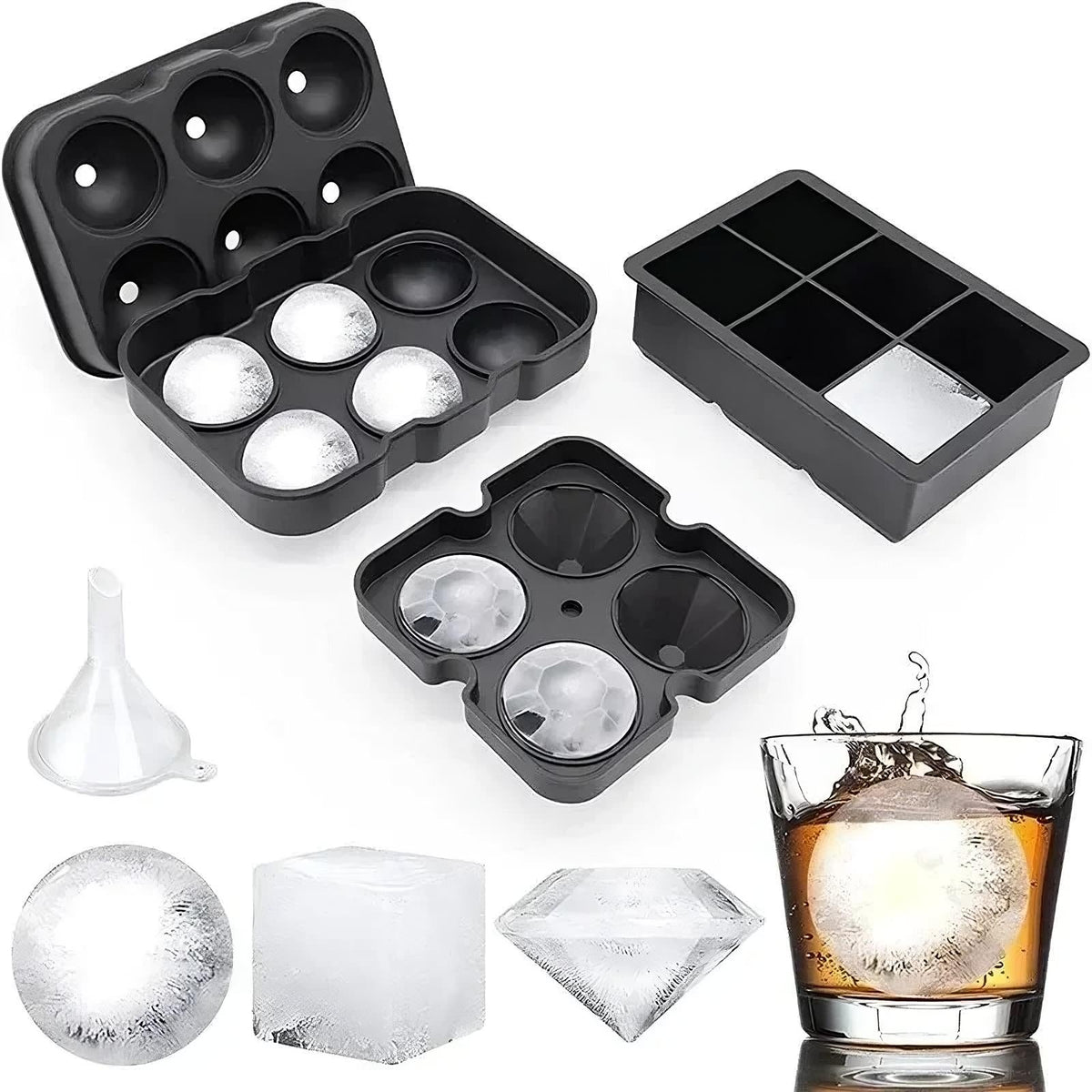 Silicone ice trays in sphere, cube and diamond shapes with ice Main image