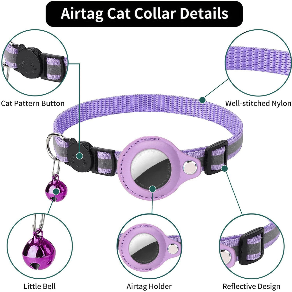 AirTag cat collar: cat-shaped safety buckle, nylon strap, bell, AirTag holder and reflective strip Main image