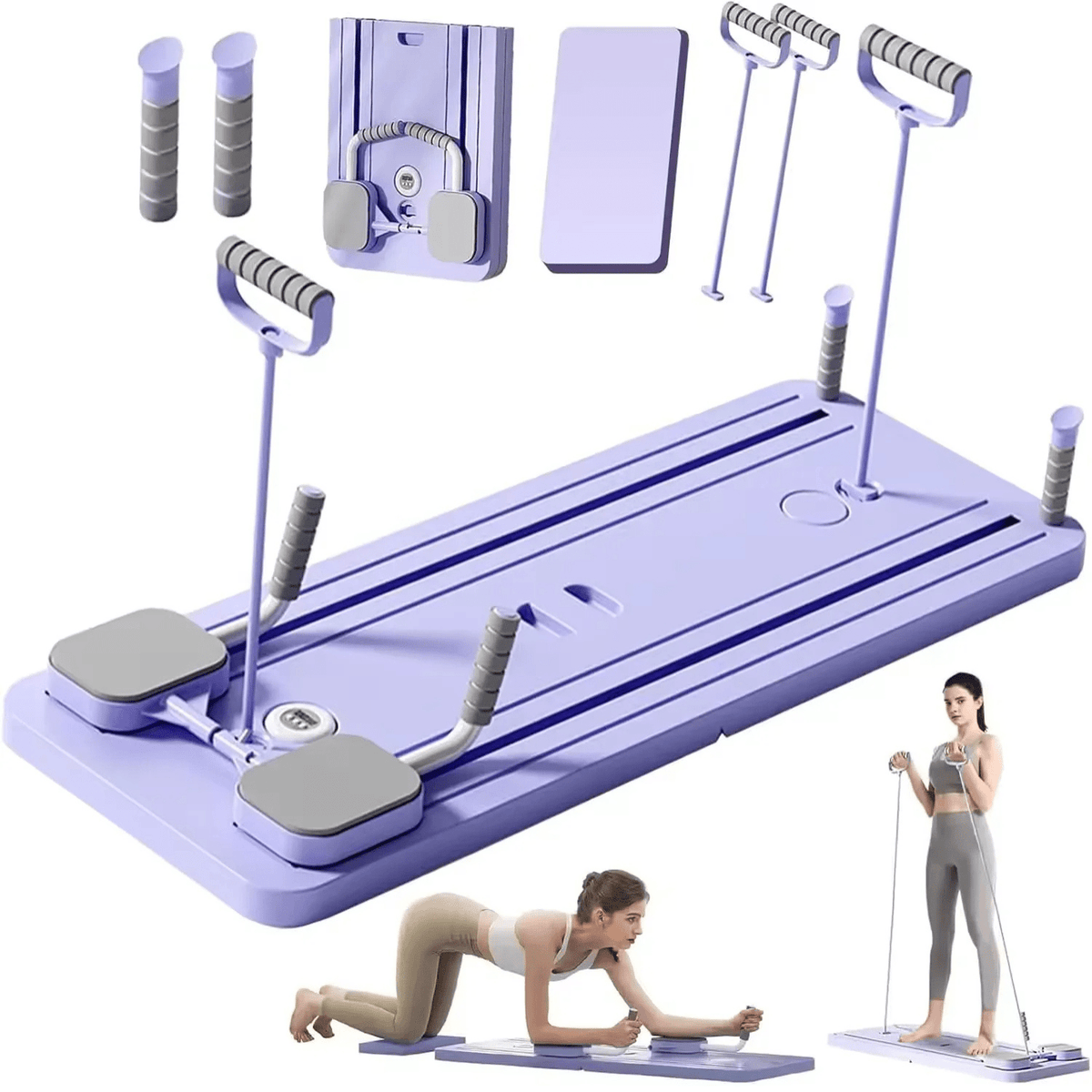 Purple exercise board with bands and a woman doing a push-up Main image