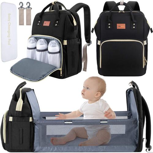 Baby changing backpack with fold-out bed, bottle pockets and a baby inside Main image