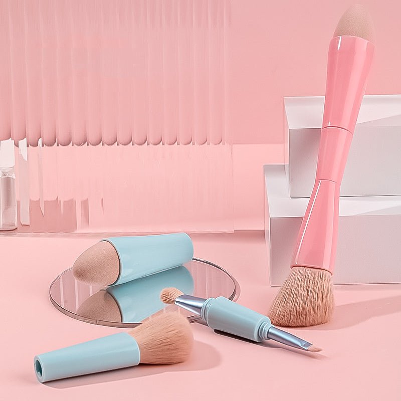4-in-1 makeup brush in pink and blue with brushes and a sponge Main image